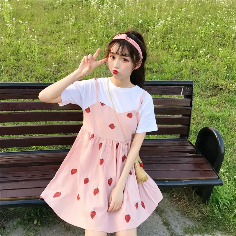 Новые летние милые платья в японском стиле для женщин, Kawaii, клубничный принт, короткий рукав, поддельные два предмета, платье для девочек, милое платьице