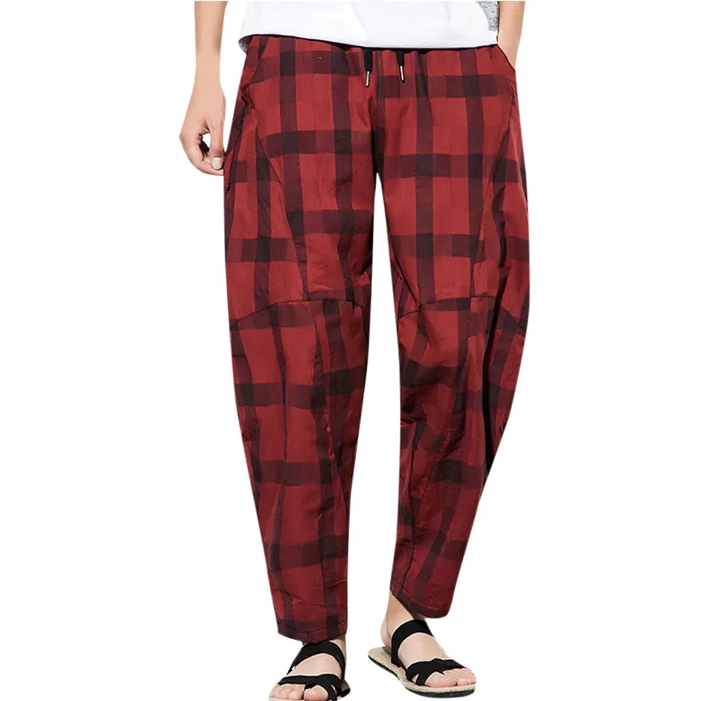 Брюки карго мужские летние повседневные брюки клетчатые с завязками из хлопка и