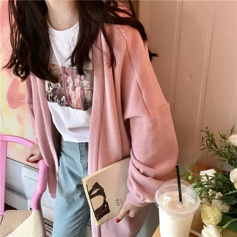 Осень и зима. Универсальные свободные ulzzang Harajuku ветровка BF длинный свитер кардиган пальто толстый женский