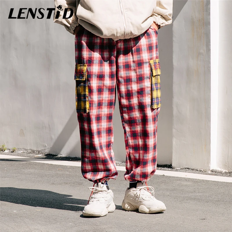 LENSTID мужские клетчатые брюки шаровары с несколькими карманами и буквами 2019