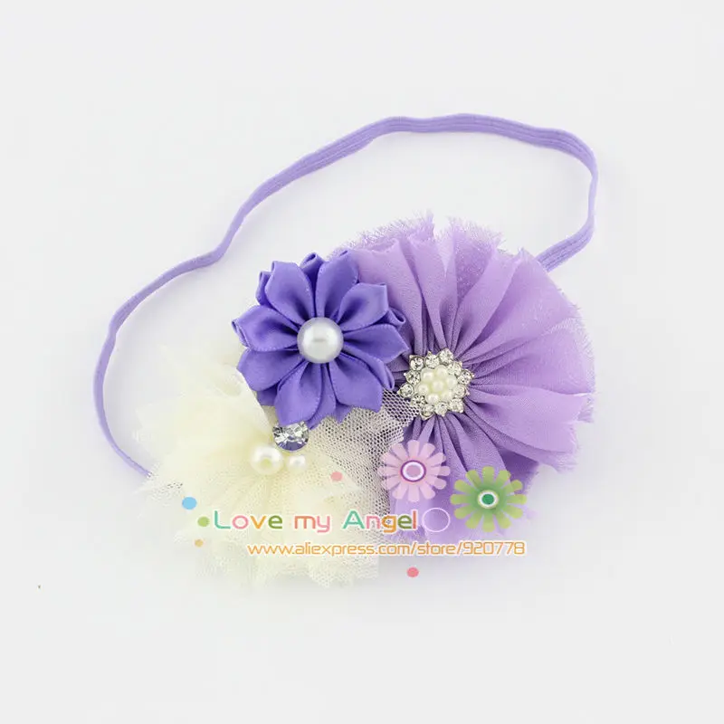 girl headband shabby chic flower hairband Rhinestone Button satin tulle Hair accessories 12pcs/lot | Детская одежда и обувь