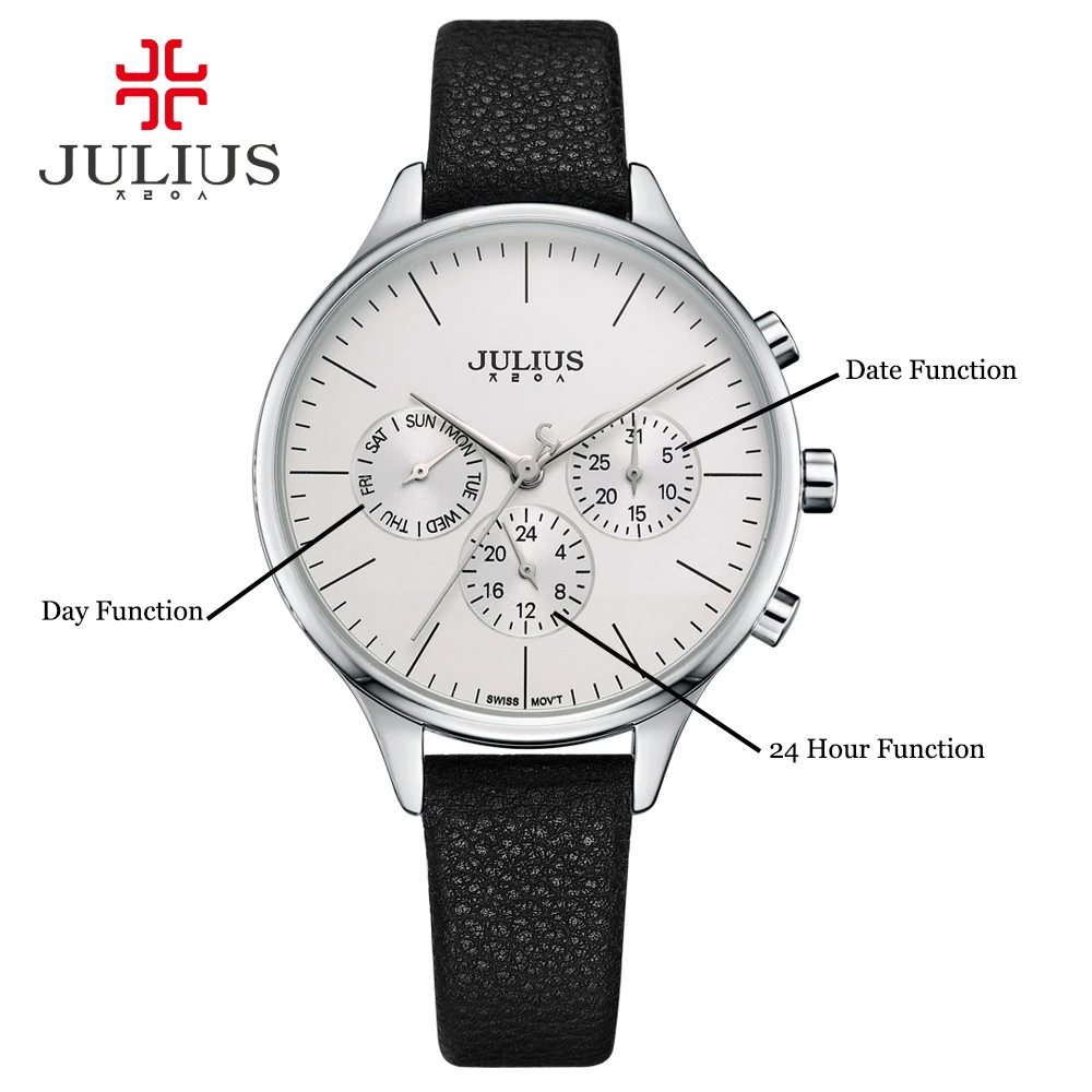 Роскошные женские часы JULIUS хронограф дата недели секундомер серебристые розовые