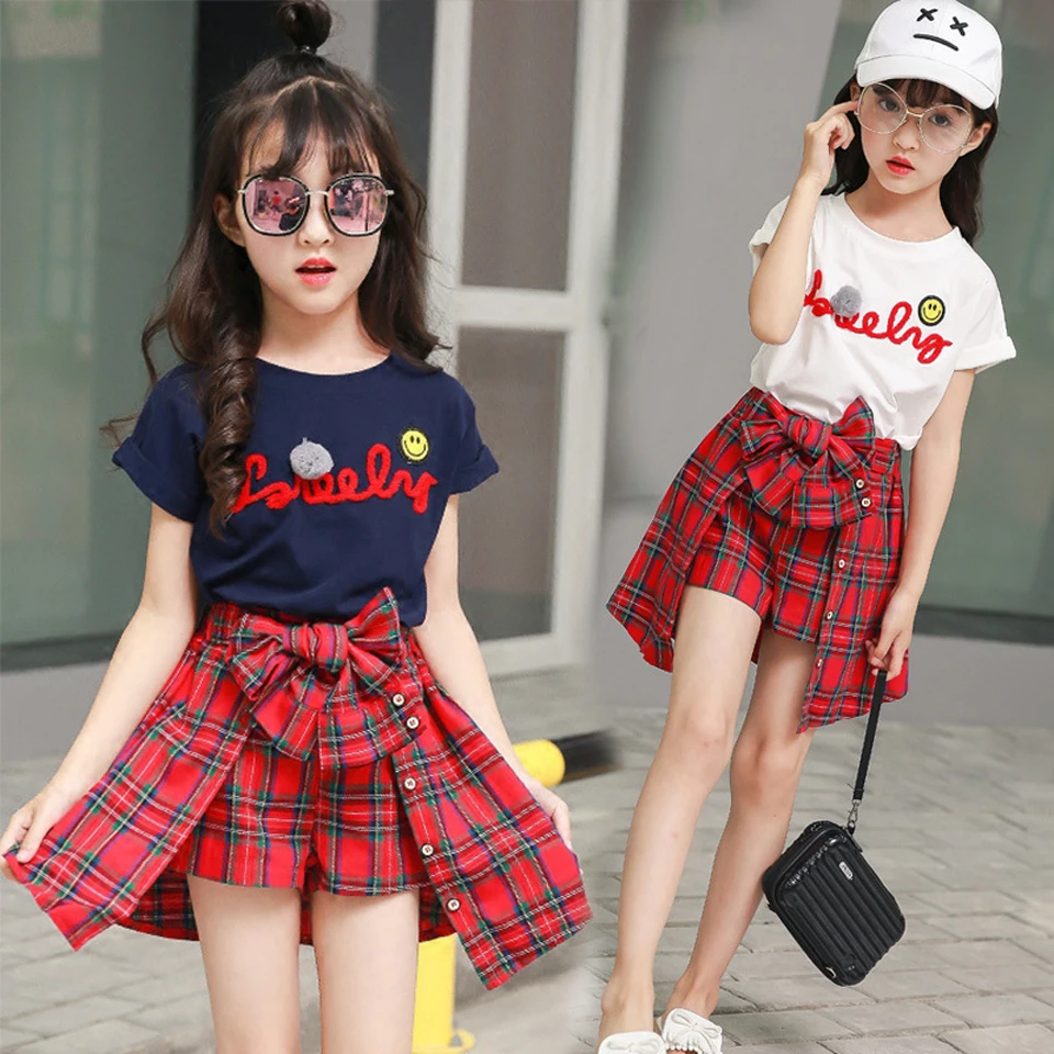 Girls Clothing Sets Shorts T-shirt+Plaid Bow Skirts 2Pcs for Kids Baby Clothes | Детская одежда и обувь