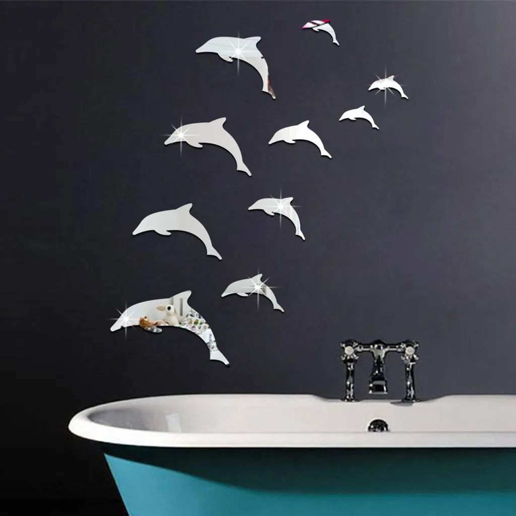 Simple Acrylic Wall Sticker Fashion 3D Cute Dolphin Mirror Home Living Room Bedroom Bathroom Decoration | Дом и сад