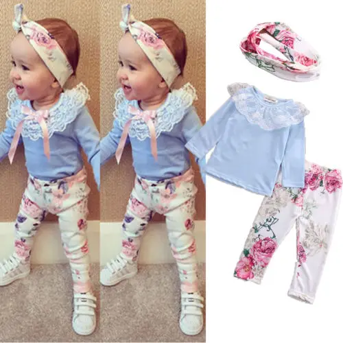 

Baby Girl Lovely Autumn Clothes Set Lace Collar T-shirt Tops+Floral Legging 3pcs