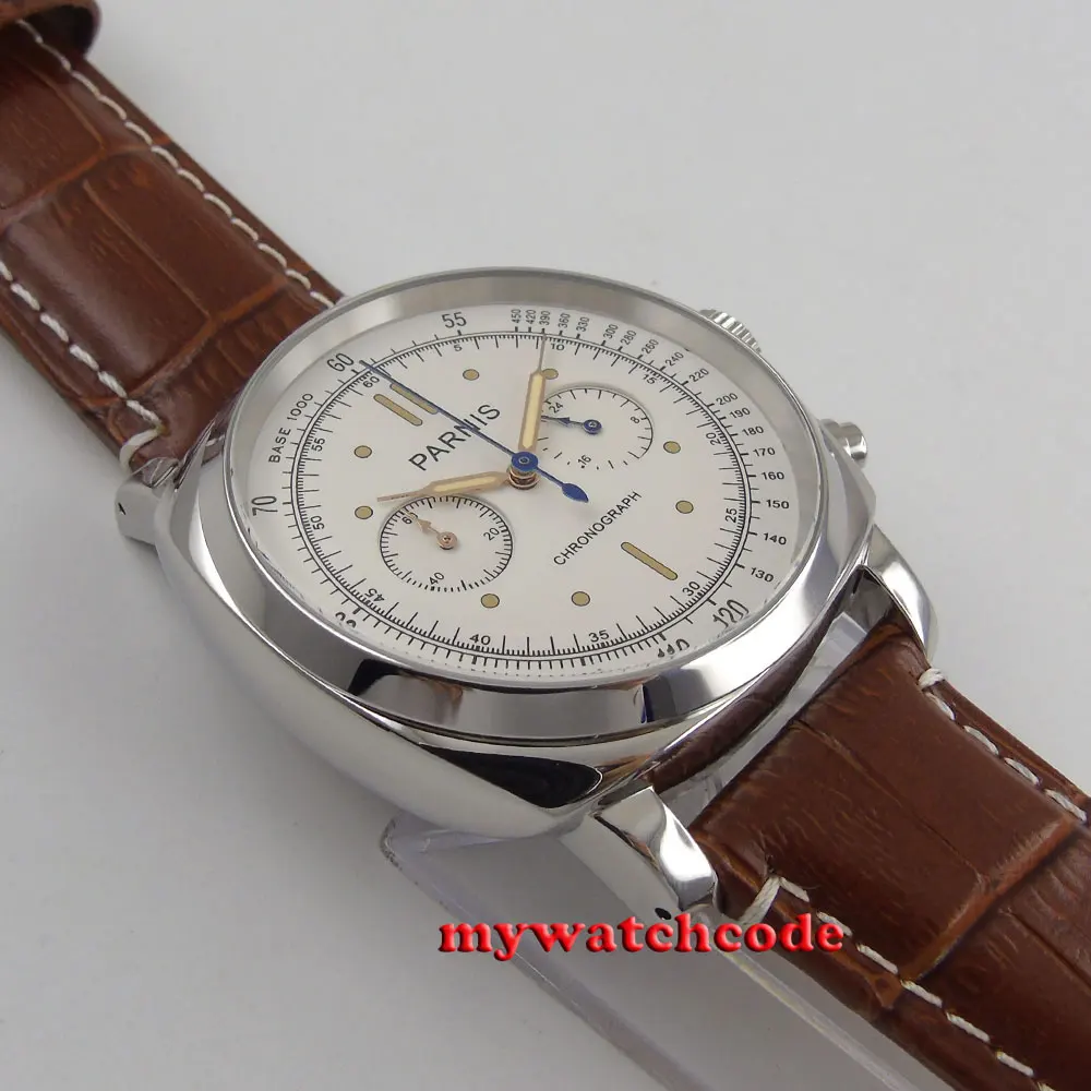 Кварцевые мужские часы Parnis 44 мм с белым циферблатом коричневым кожаным