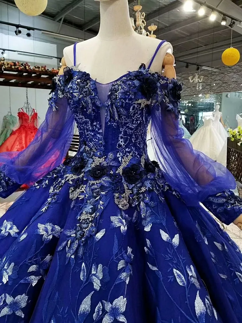 AOLANES 2018 New Blue Lace Appliques Court Train Evening Dresses Ball Gown Long SLeeves Floor-length Illusion Party Prom Dress | Свадьбы и