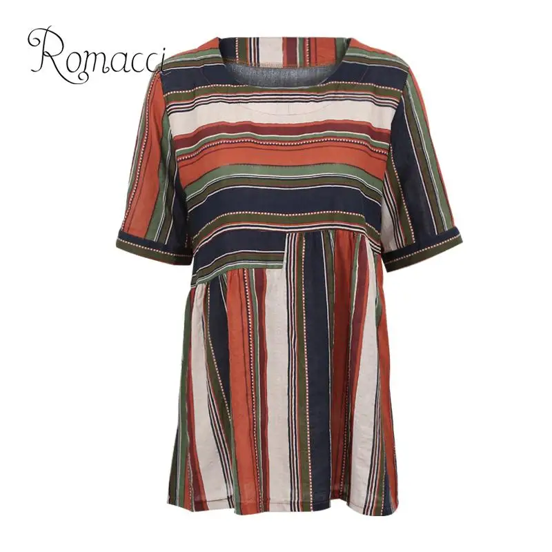 Женская хлопковая льняная блузка Romacci разноцветная в полоску с круглым вырезом и