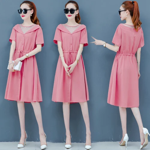 

2019 Brief Loose A-line Summer Dress Mesh Single Breasted Vintage Dress Plus Size Korean Fashion Casual Dresses