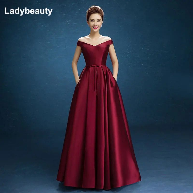 Ladybeauty Новое поступление вечерние платье для выпускного вечера Vestido de Festa с вырезом "лодочка" атласное с кружевом и бантом длинное стильное платье изготовление размеров под заказ - Цвет: Red wine