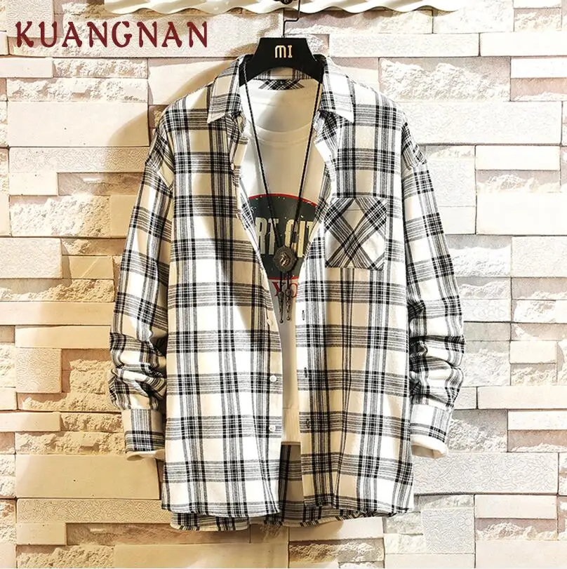 White KUANGNAN, японский стиль, желтая клетчатая рубашка, Мужская Уличная одежда, мужские рубашки, повседневные, приталенные, винтажные, мужские рубашки с длинным рукавом, XXXL, весна - Цвет: White