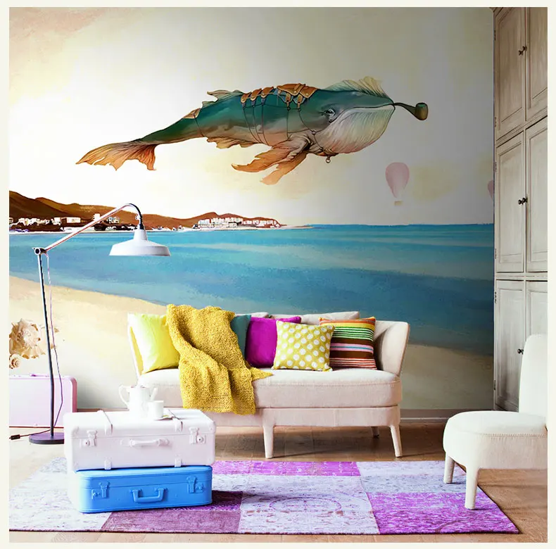 

Bacaz Painted Sea Fly Mr Whale Cartoon Mural 3d Wall Photo Murals Wallpaper for Wall Living Room Large Papel Mural 3d Wall Mural
