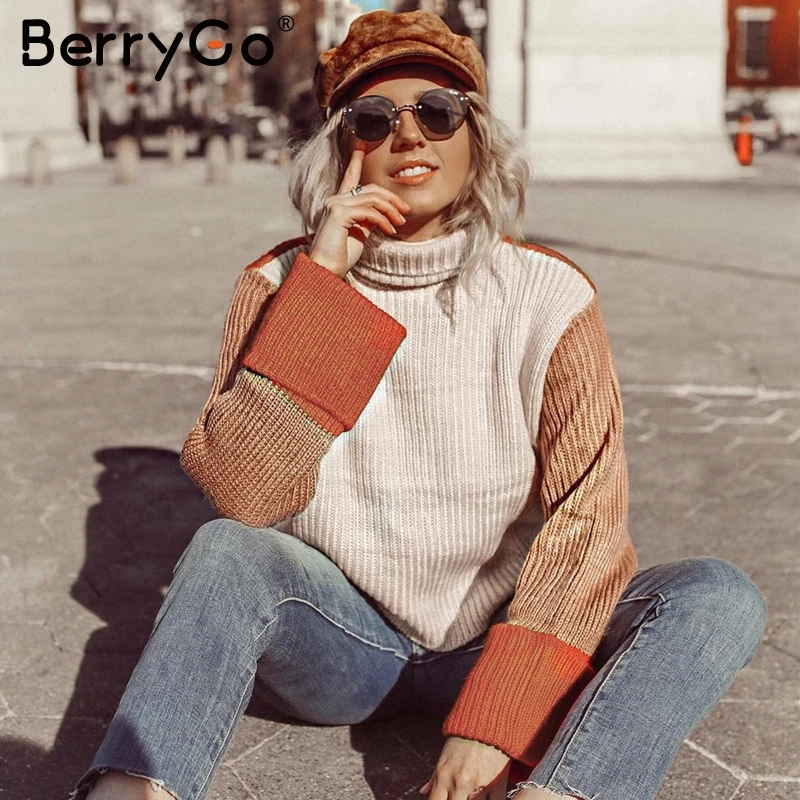 BerryGo водолазкаПовседневная пуловер джемпер Лоскутная водолазка женские с