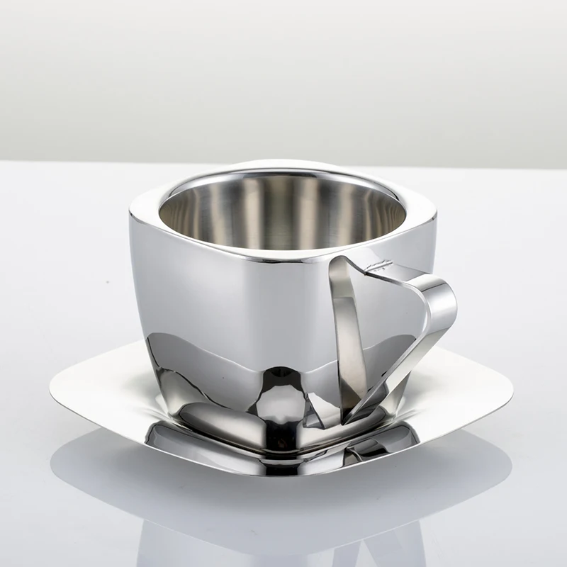 90/150/240ml Stainless Steel Coffee Cup Set Double Anti-hot Insulation Cups Creative Square Tea Cup and Saucer Milk Mug