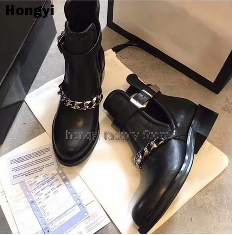 Ботинки женские кожаные с круглым носком модные короткие сапоги на
