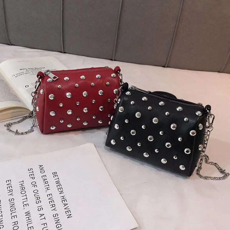 Yogodlns Bags For Women New Fashion Rivet PU Leather Women Bag Diamonds Shoulder Messenger Bag Chains Small Flap Crossbody Bag
