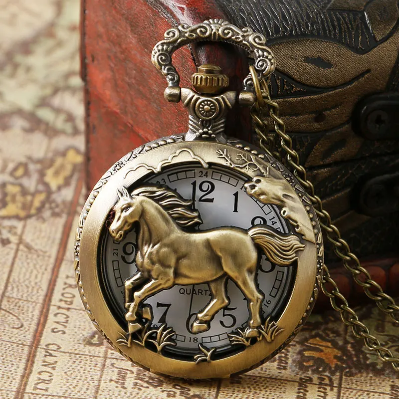 

Antique Hollow Carving Horse Quartz Pocket Watch Steampunk Bronze Fob Clock For Men Women Gift Item With Necklace Accessory