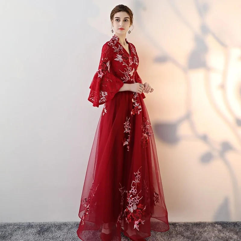 Платье подружки невесты бургундское платье с цветочной вышивкой длинное пышными