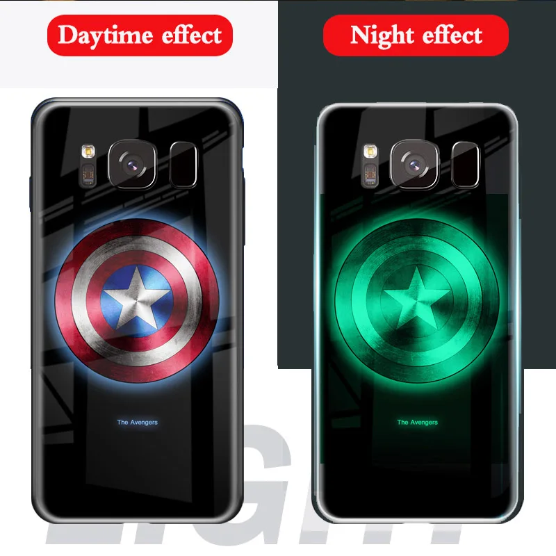 Captain America Супермен Бэтмен светящиеся стеклянные Чехлы для samsung Galaxy Note 9 Мстители Железный человек задняя крышка для Galaxy Note 8 9 чехол для телефона - Цвет: Captain America