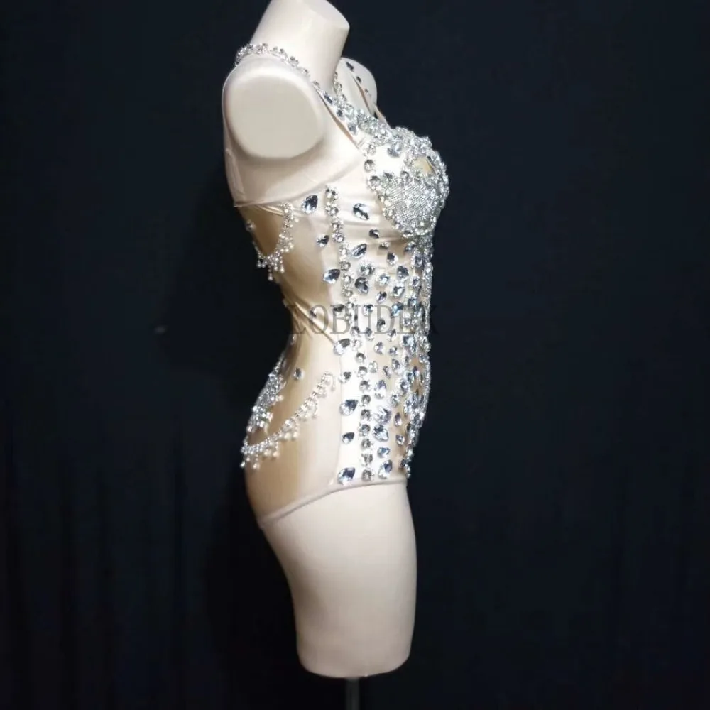 Flashing Big Rhinestones Skin Color Halter Bodysuit Silver Crystals Catsuit Nightclub Women DJ Singer Party Outfit Dance Costume