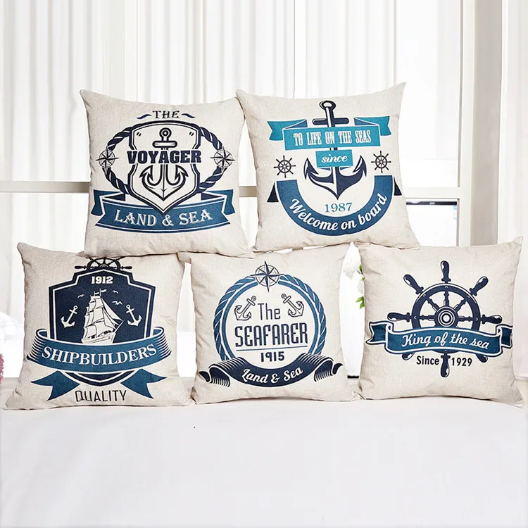 

Mediterranean Navy Blue Sea Anchor Ship Helm Decorative Throw Sofa Cushions Compass Linen Cotton Cushion Cover Pillow Case