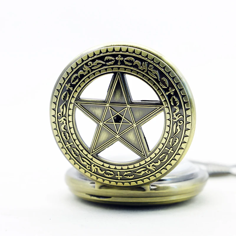 Lucky Pentagram Skull Mechanical Pocket Watch Vintage Steampunk Manual Chain Necklace Pendant Accessory Clock Gift