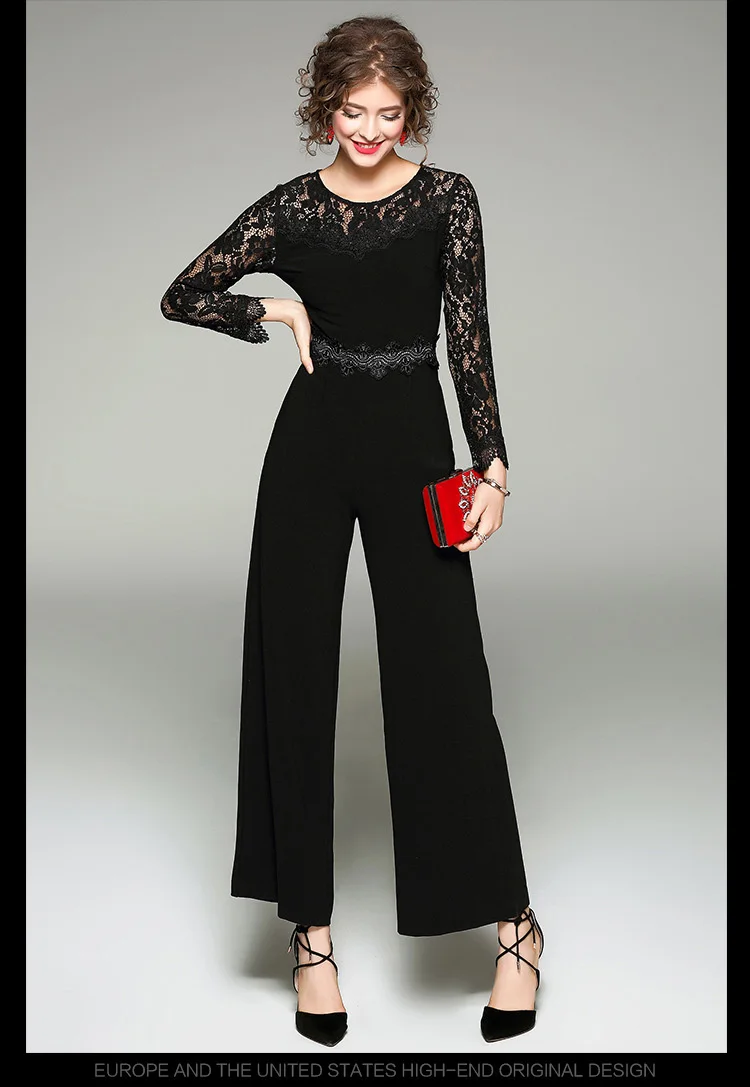New Arrival 2017 Women's O Neck Long Sleeves Embroidery Lace Bodice Patchwork Fashion High Street Jumpsuits&ampRompers | Женская