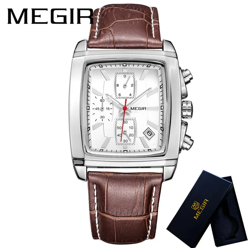 ME202802 with box MEGIR часы мужские водонепроницаемые Хронограф военные мужские часы лучший бренд класса люкс Натуральная кожа деловые мужские спортивные наручные часы 2028 - Цвет: ME202802 with box