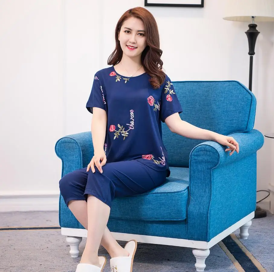 Style 2 4XL Новинка, летняя тонкая женская пижама, комплект, одежда для сна, Женский хлопковый Пижамный костюм с цветочной вышивкой, Повседневная Свободная одежда для сна, домашняя одежда - Цвет: Style 2