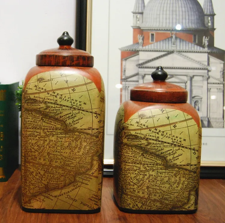 

Europe and the French countryside retro map with cover antique ceramic flower storage tank storage tank Home Furnishing ornament
