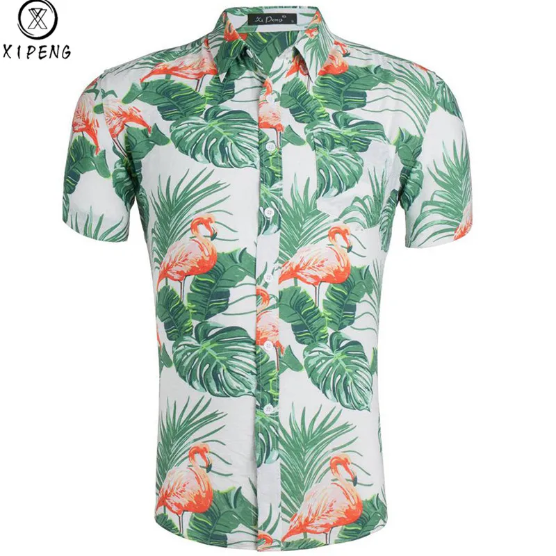 

Mens Casual Flower Flamingos Print Shirt Button Down Slim Short Sleeve Hawaiian Aloha Shirt Pure Cotton Beach Men Clothes 2019