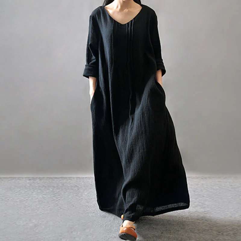 Женское винтажное платье свободного кроя из хлопка и льна 2019 летнее Новое с