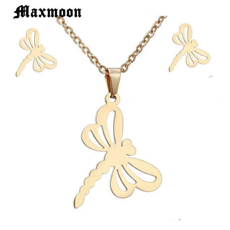 Maxmoon наборы из нержавеющей стали для женщин в форме стрекозы ожерелье серьги