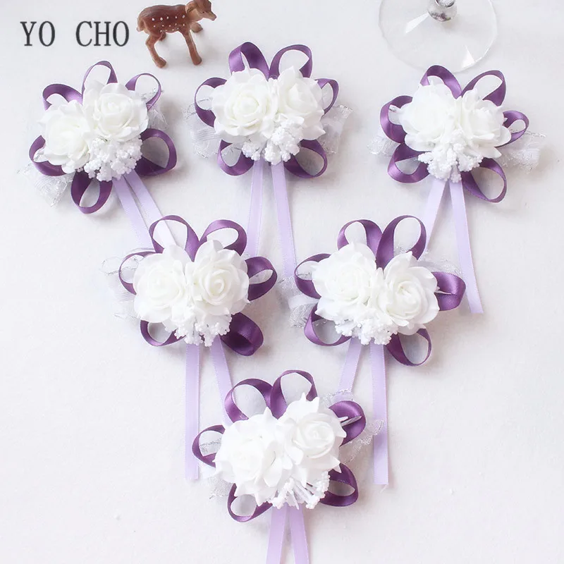 Purple YO CHO 15 шт. Свадебный планировщик свадебная бутоньерка на запястье браслет белая роза шелк Пена Цветок Подружка невесты, сестра руки Цветы вечерние Декор - Цвет: Purple