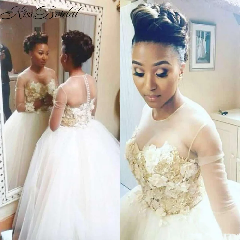 

Fabulous New Long Wedding Dress 2017 Long Sleeves Chapel Train Ball Gown Flowers Tulle Wedding Gowns Vestidos de novia