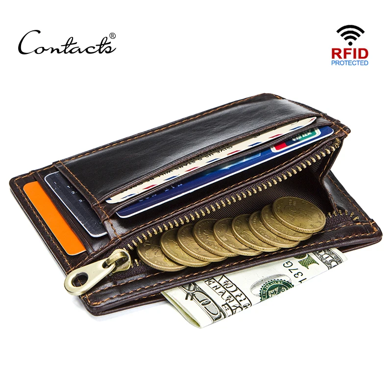 

CONTACT'S Crazy Horse Cowhide Leather RFID Men Card Wallet Mini Card Holder with Coin Pocket Men's Small Thin Walet Slim Wallets