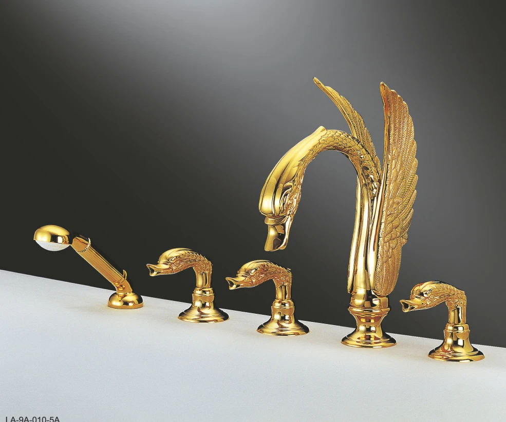 

Free shipping Gold clour Swan waterfall bathtub shower Faucet 5 pieces widespread Tub mixer tap deck mounted