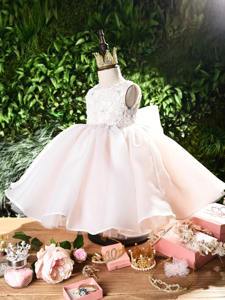 Платье для крещения новорожденных девочек с цветами розовое Тюлевое платье