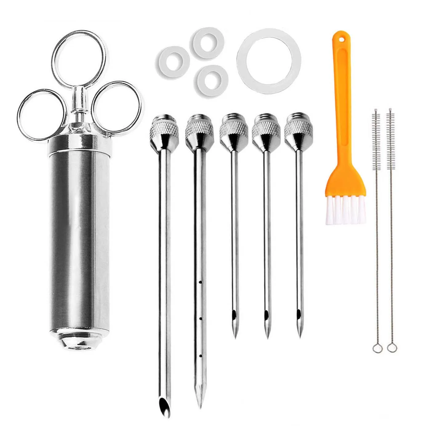 5 Needles 3 Brushes Сверхмощный инжектор для мяса из нержавеющей стали-2 унции приправа инжектор-маринад Инжектор Шприц включает в себя 5 игл - Цвет: 5 Needles 3 Brushes