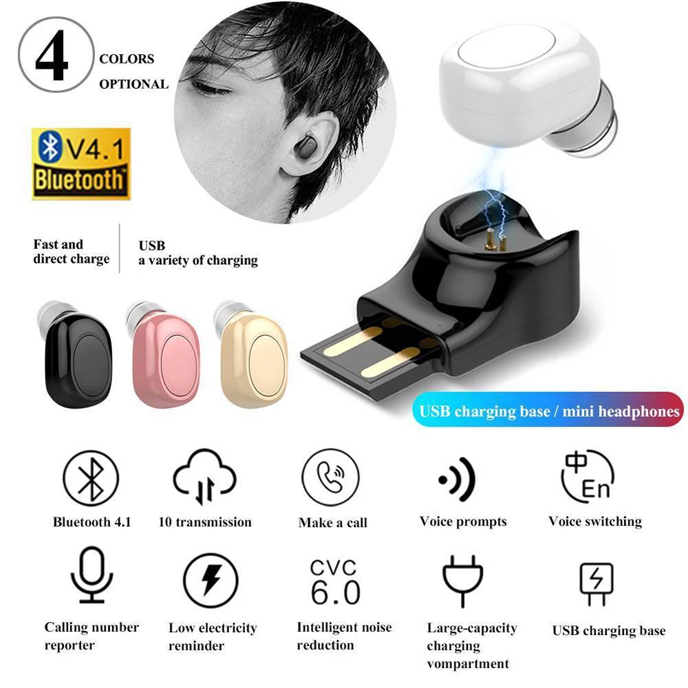 Мини беспроводные Bluetooth наушники в ухо 3D стерео супер бас зарядка через usb