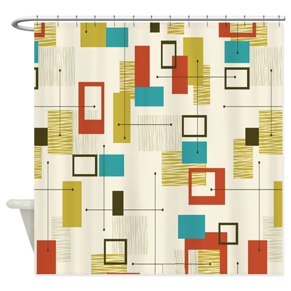 Fun Geometric Mid Century Modern Decorative Fabric Shower Curtain Waterproof Polyester 8 Sizes 12 Hooks | Дом и сад