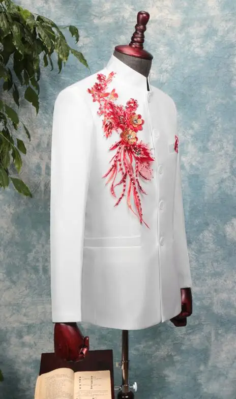 stand collar mens Chinese tunic suit set pants wedding Sequin embroidery singer chorus stage trajes para hombre white red | Мужская