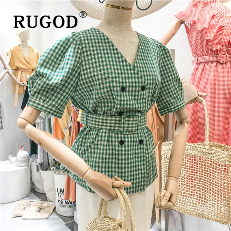 RUGOD Офисная Женская клетчатая рубашка с поясом винтажная женская блузка v