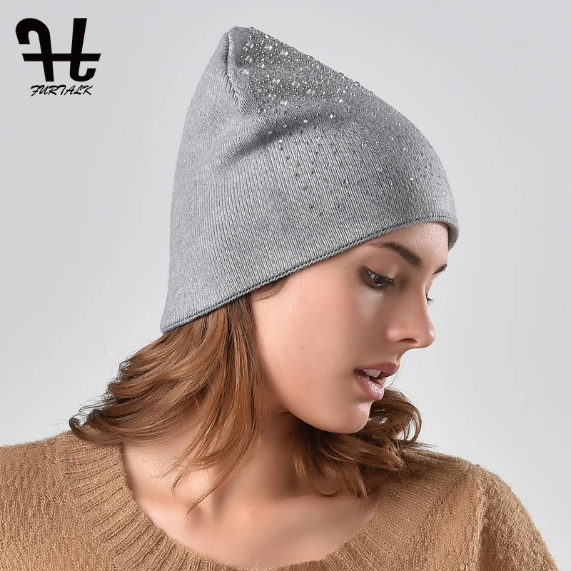 FURTALK шапочка Hat женщины осень зима Вязаная шляпа с горный хрусталь алмаз Скули для