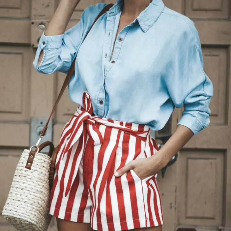 

Women's Shorts Red Blue Color Stripe Straight Type High Waist Casual Shorts Loose Type Wide Leg Trousers Female Summer Clothing