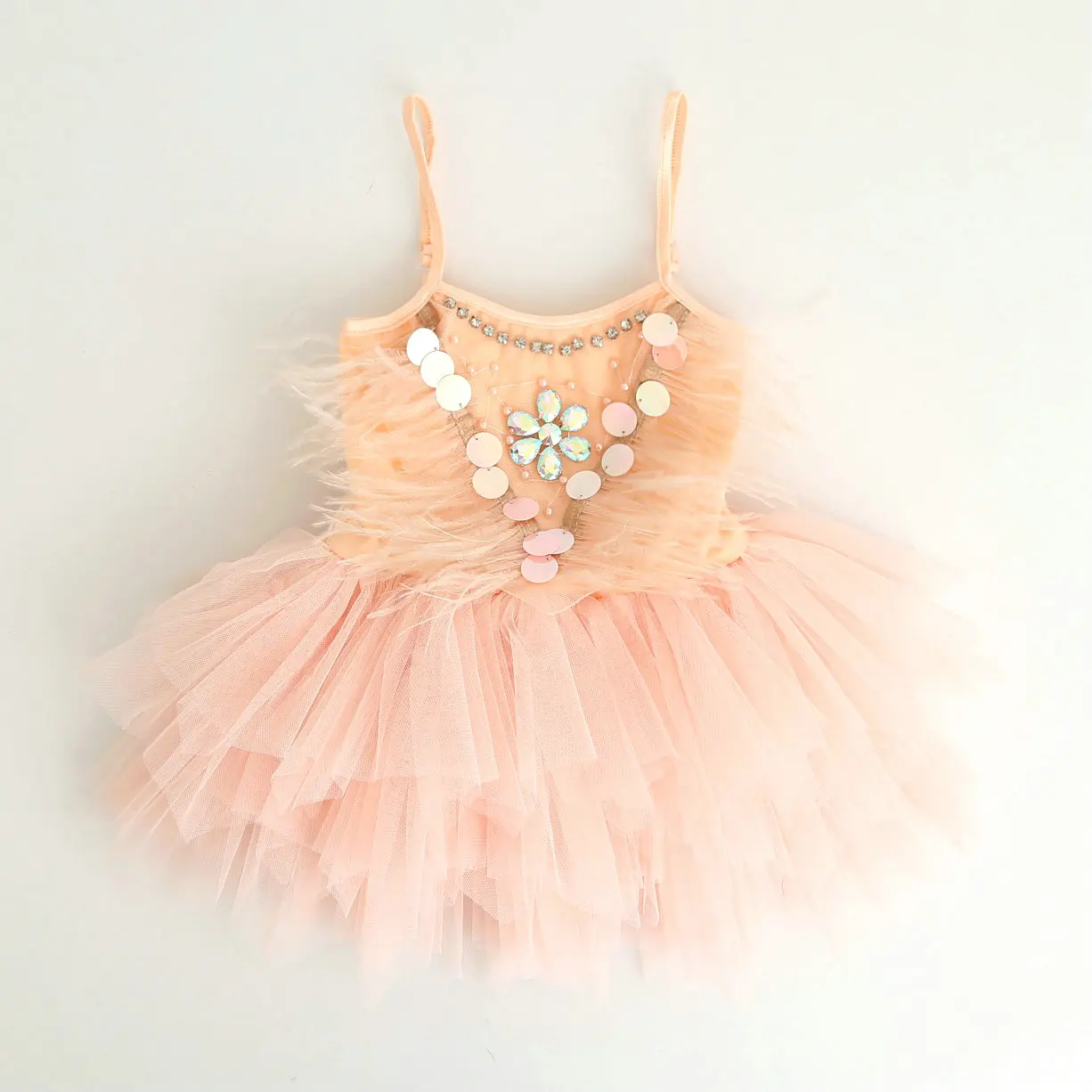 Платье для девочек летнее Австралийское с перьями и стразами жемчужные Сияющие |