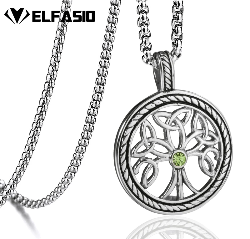 

Mens Womens Stainless Steel Pendant Chain Celtic Tree of Life Green Stone Necklace Jewelry