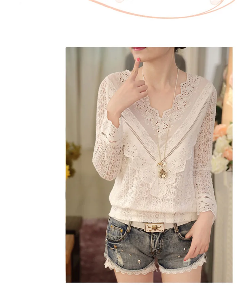 Женская кружевная блузка с V образным вырезом и длинным рукавом|female shirts|korean women