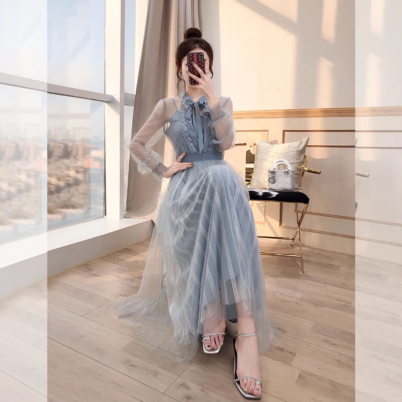 Женское платье с бантом и оборками Сетчатое воротником стойкой лето 2019|Женские