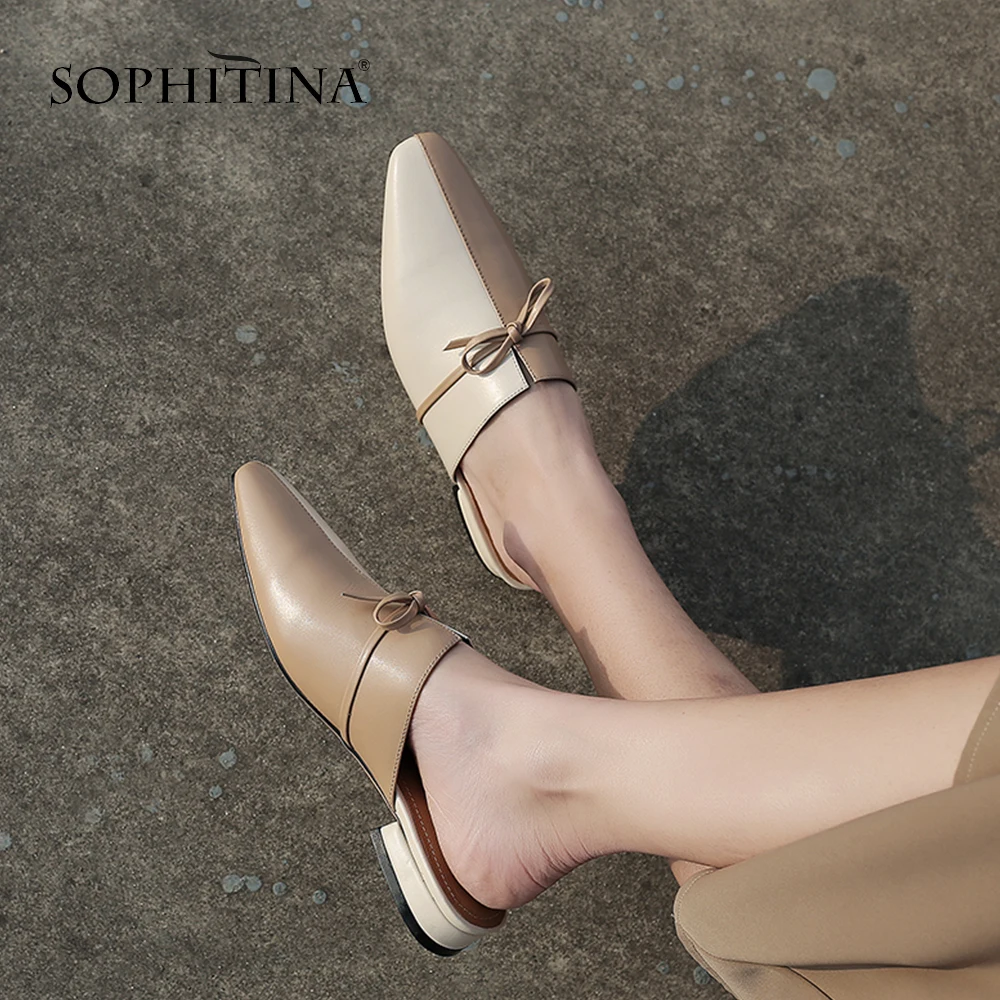 SOPHITINA/Новинка на лето и осень 2019г. Удобные женские сабо с зауженным мыском на сплошной подошве. Летние обувь из натуральной кожи в сочетании двух цвета. Повседневные женские босоножки с бантиком-бабочкой. SO166